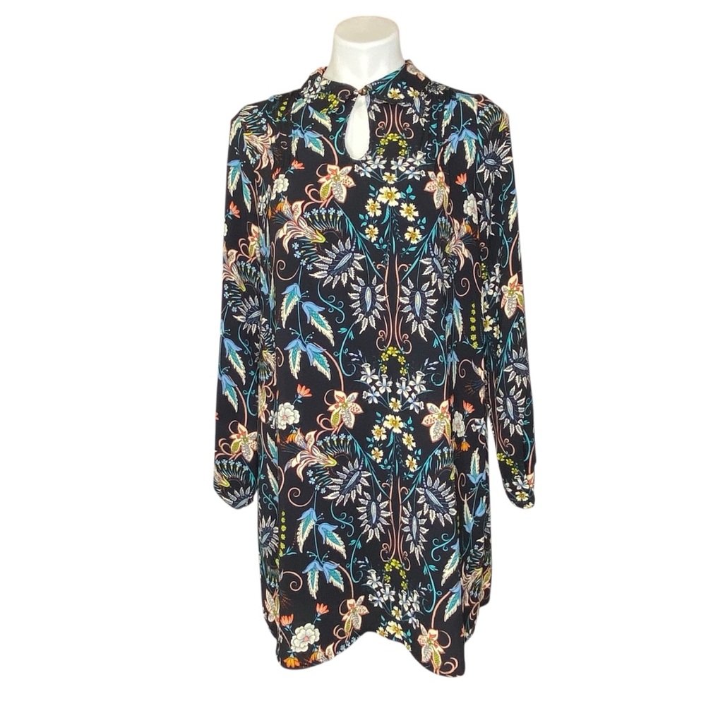 XHILARATION Floral Long Sleeve High Neckline Keyhole Opening Dress Blue Medium